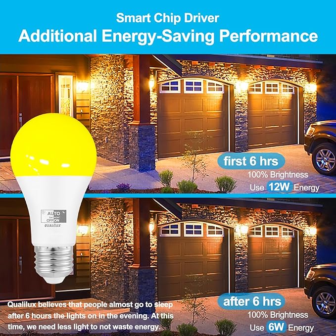 Qualilux Dusk to Dawn Light Bulbs, Auto On/Off Light Sensing LED Bulbs Outdoor, Amber Yellow Bug Light, A19 2-Pack, 12W 800LM 60W Equivalent, HQ-H019