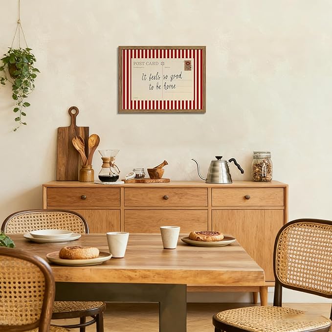 It Feels So Good To Be Home Wall Art, Vintage Inspirational Postcard Canvas Wall Decor Painting, Red Striped Quotes Artwork Print Picture for Living Room Bedroom 16x24 Inch Wood Framed