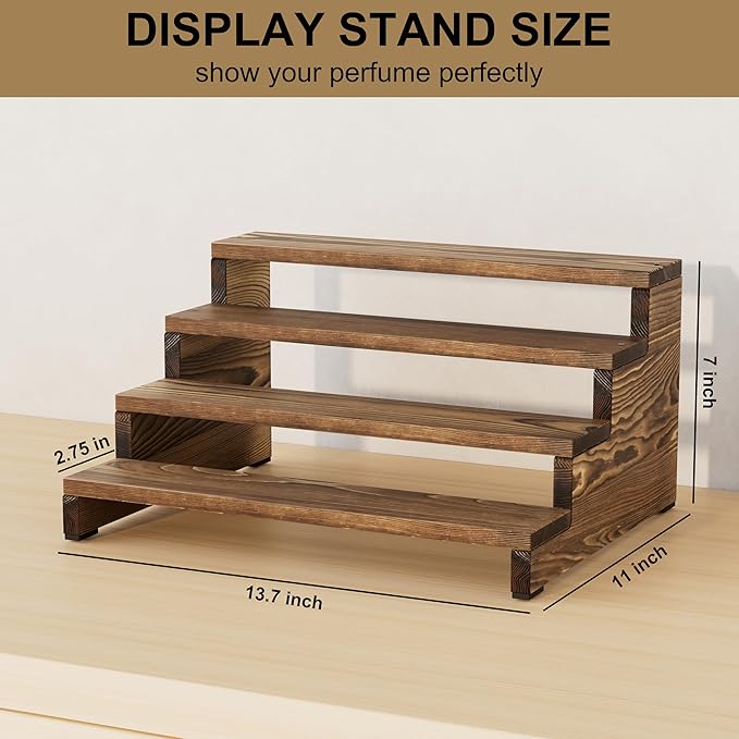 ZUJJAFY Cologne Organizer for Men, 4 Tier Wooden Cologne Stand Mens Fragrance Shelf, Tiered Wood Risers Display Stands for Perfume, Cupcake, Figures, Dessert