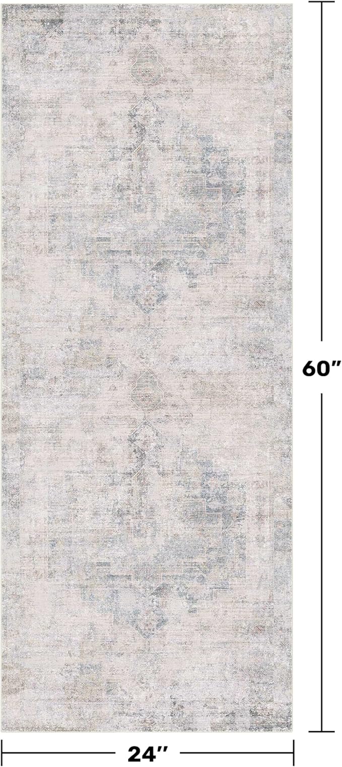 Hazo Haus Light Blue 2x5 Bathroom Runner Rug, Non-Slip Washable Runner for Kitchen, Laundry Room & Hallway, Abstract Design with Tan Accents, Eclectic Décor