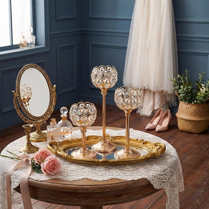 Elegant Crystal Candle Set of 6- Gold Tealight Holders, Votive Candelabras & Bowl Centerpiece Bulk for Dining Table, Wedding Decor