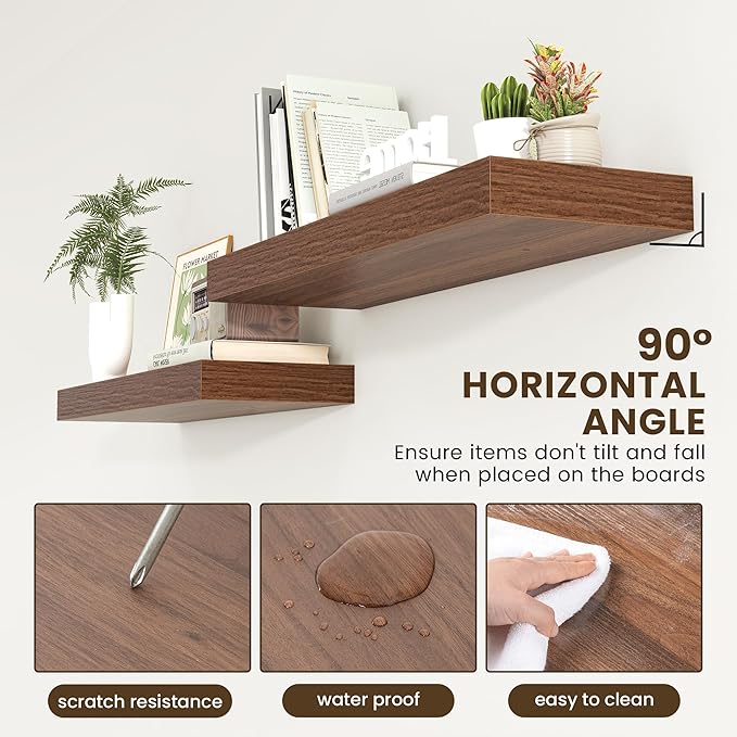 FLYJOE 12 Inch Deep Floating Shelves | 36 Inch Walnut Floating Shelves | 36" W x 12" D Rustic Wood Shelves for Wall | Deep Walnut Shelves for Living Room Bathroom Laundry Room Kitchen