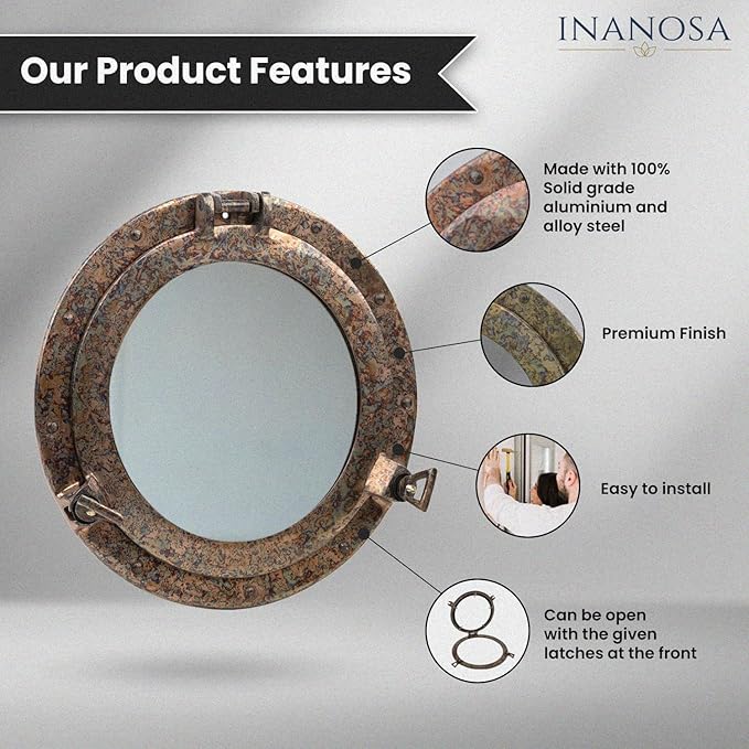 inanosa 12 Inch Bathroom Wall Decor Ship Porthole Mirror with Raku Finish Finish – Vintage Round Wall Mounted Mirror for Bathroom Vanity, Nautical Pirate Coastal Vintage Home Décor
