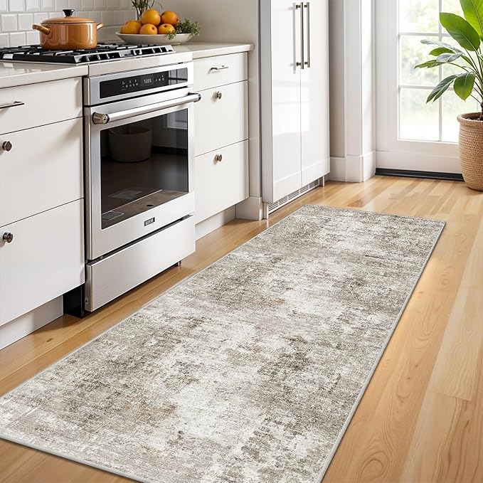 2x6 Washable Non-Slip Hallway Runner Rug – Modern Abstract Soft Carpet Runner for Kitchen, Bedroom with Rubber Backing – Low-Pile Thin Stain-Resistant Rug for Laundry Room, Entryway – Beige/Grey