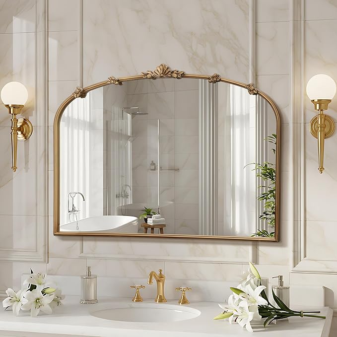 Besdomus Large Vintage Gold Mirror: 40"x29" Traditional Ornate Arched Mirror - French Baroque Antique Mirrors for Wall/Mantel/Bedroom/Entryway/Bathroom/Hallway - Home Decor for Fashion-Conscious