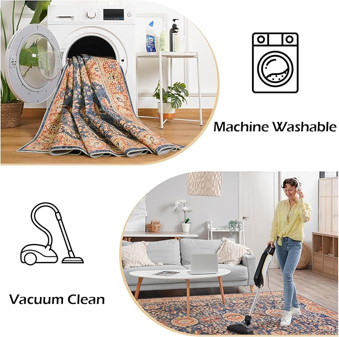 Goideal Washable Rug 6x9, Vintage Area Rugs Non Slip, Indoor Low Pile Carpet with Rubber Backing for Living Room Kitchen Bathroom Entryway Office Bedroom, Navy Blue & Orange
