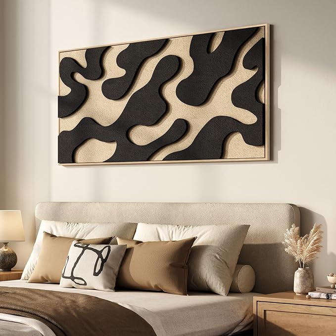 Large 3D Textured Framed Abstract Wall Art for Living Room, Horizontal Modern Paintings Artwork for Walls, Minimalist Neutral Black and Beige Pictures for Bedroom Hallway Office Wall Decor 30x60 In