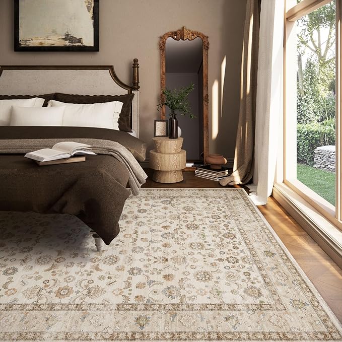 Washable Area Rugs for Living Room: 6x9 Bedroom Rug Boho Vintage Area Rug Stain Resistant Non Slip Low Pile Lightweight Soft Carpets for Dining Room Kitchen Nursery Kids Room Playroom Home Office