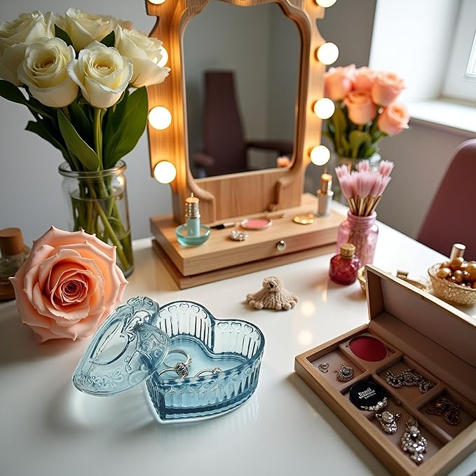 Glass Jewelry Box Heart Shape Cute Box for Storage Ring Earring Trinket Vintage Jewelry Organizer Decorative Gift for Women Girls-GRB003-Dark Blue