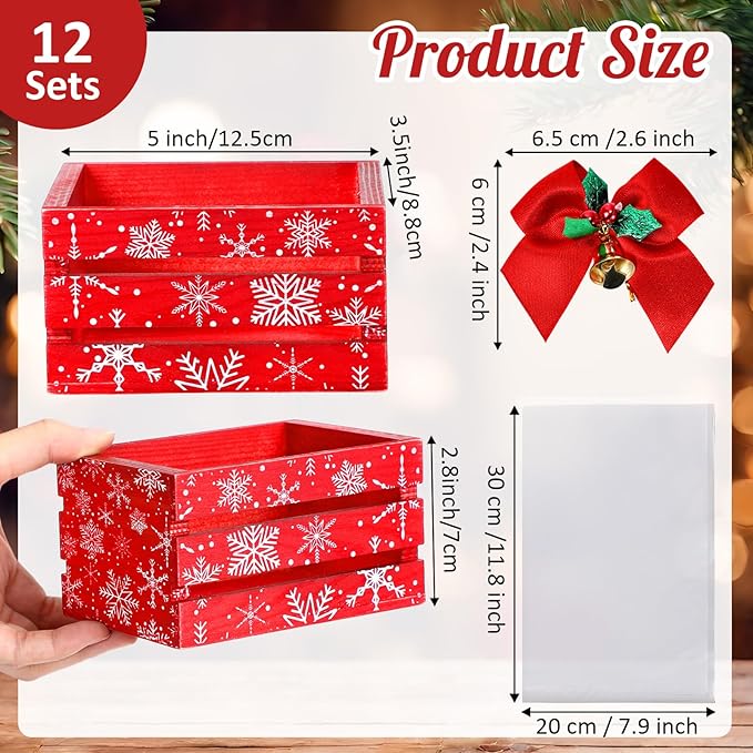 AceOrbit 12 Pcs Winter Wooden Gift Boxes 5 Inch Red Snowflakes Storage Basket Set with 12 Holly Bows and 12 Clear Gift Bags Small Decorative Nesting Organizer Boxes for Winter Craft Xmas Candy