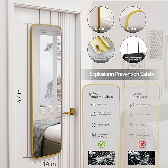 SCWF-GZ 47x14 Mirror Full Body Length Door Hanging/Rope Hang/Wall Mounted Metal Frame Rectangle Mirrors for Bedroom Bathroom Dressing Living Room 47 inch Gold