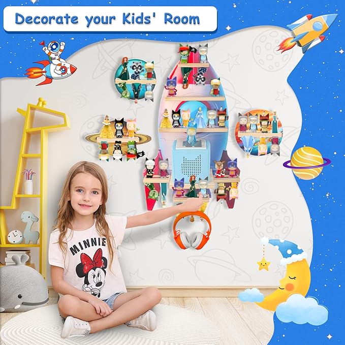 Taladad for Toniebox 2/1 Tonie Shelf Wall Mounted Set of 4,Tonies Figures Tonies Storage,Magnetic Wooden Floating Shelves Compatible with Tonie Box Player Character for Children Room