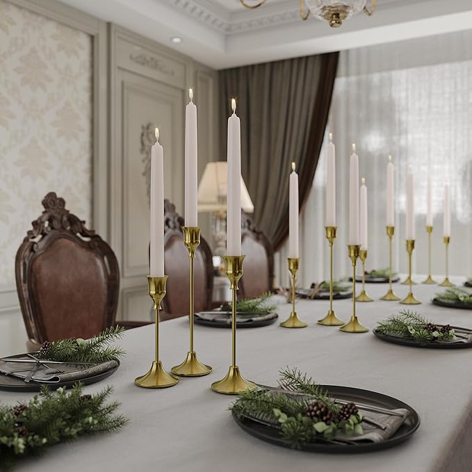 NLBTW Set of 12 Brass Gold Taper Candle Holders, Candlesticks Holders Bulk, Vintage Candlestick Holder Decorative Metal Candle Sticks Home Decor Centerpieces for Table Mantel Festive Decorations
