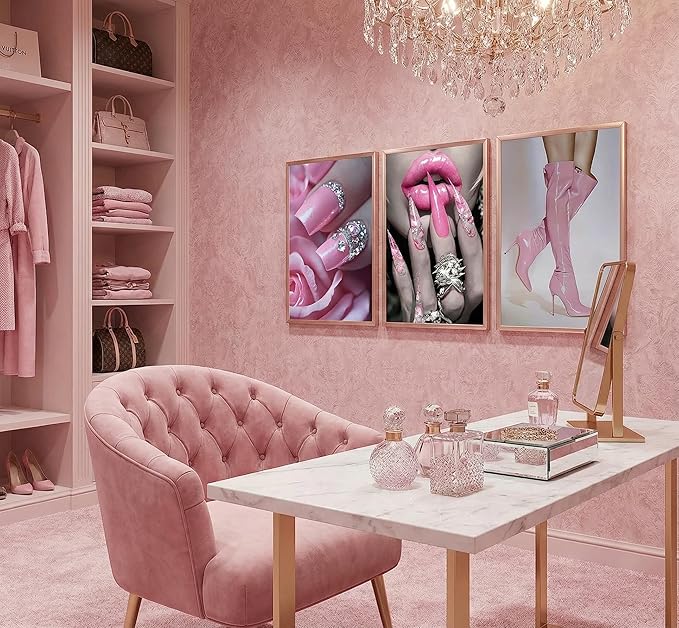 3Pcs Fashion Pink Women Canvas Wall Art Glam Funky Maiden High Heel Posters Prints Paintings Elegant Dreamy Lips Pink Pictures Wall Decor for Living Room Bedroom Home Decoration Unframed