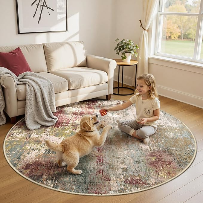 RELEANY Washable Area Rugs 6ft Non-Slip Modern Abstract Soft for Living Room Entryway Bedroom Nursery, Print Pattern, Brown Rust Red Green Blue Multi