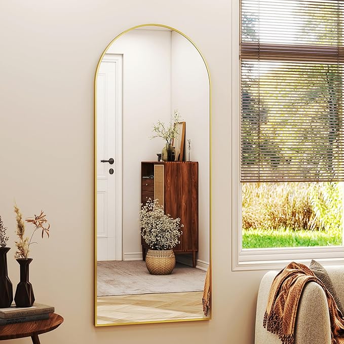XRAMFY 56" x21 Arched Full Length Mirror Floor Mirrors with Aluminum Alloy Frame Free-Standing Wall Mounted Floor Mirrors or Large Dressing Mirror, Gold Mirror Full Length