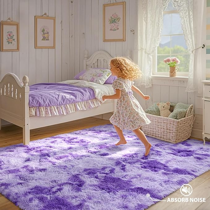 Purple White Rug Fluffy 4x6 Bedroom Rugs Girls,Plush Soft Fuzzy Area Carpet Non Slip for Living Room Nursery Kids Girlie Elegant Home Decor Aesthetic