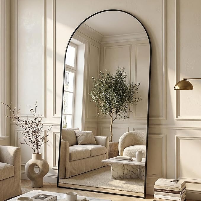 Suidia 90"x46" Arched Full Length Mirror with Stand, Full Body Mirror with Aluminum Frame, Freestanding/Leaning/Wall-Mounted, Floor Mirrors for Bedroom, Living Room, Entryway, Dressing Room, Black