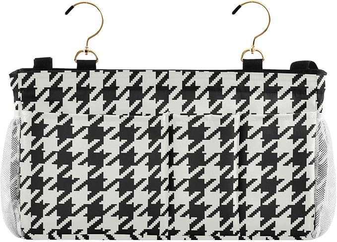 Classic Houndstooth Print Bedside Caddy Storage Bag Bedside Organizer for Bunk Bed Headboards College Organizer Caddy Hanging Shelf 6 Pockets with Hooks for Drinks Magazine Phone Holder