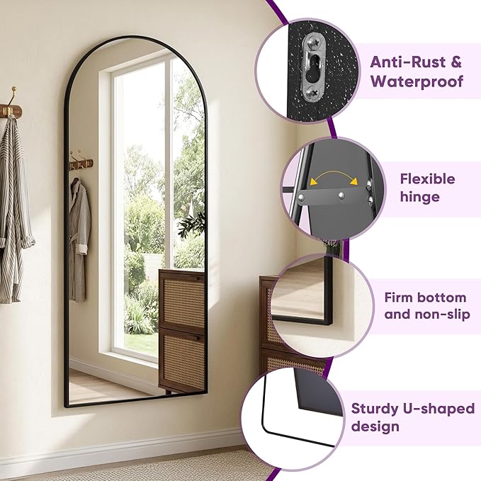 Full Length Mirror, 71"x27" Arched Floor Mirror Freestanding, Floor Standing Full Body Mirror with Stand for Bedroom, Hanging Mounted for Living Room Cloakroom, Black