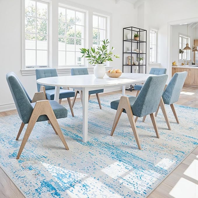9x12 Area Rugs Washable Rug:Anti-Skid Abstract Modern Living Room Rug Soft Thin Carpets Indoor Floor Non-Shedding Carpet for Bedroom Dining Farmhouse Nursery Home Office(Light Blue/White/Beige, 9x12)