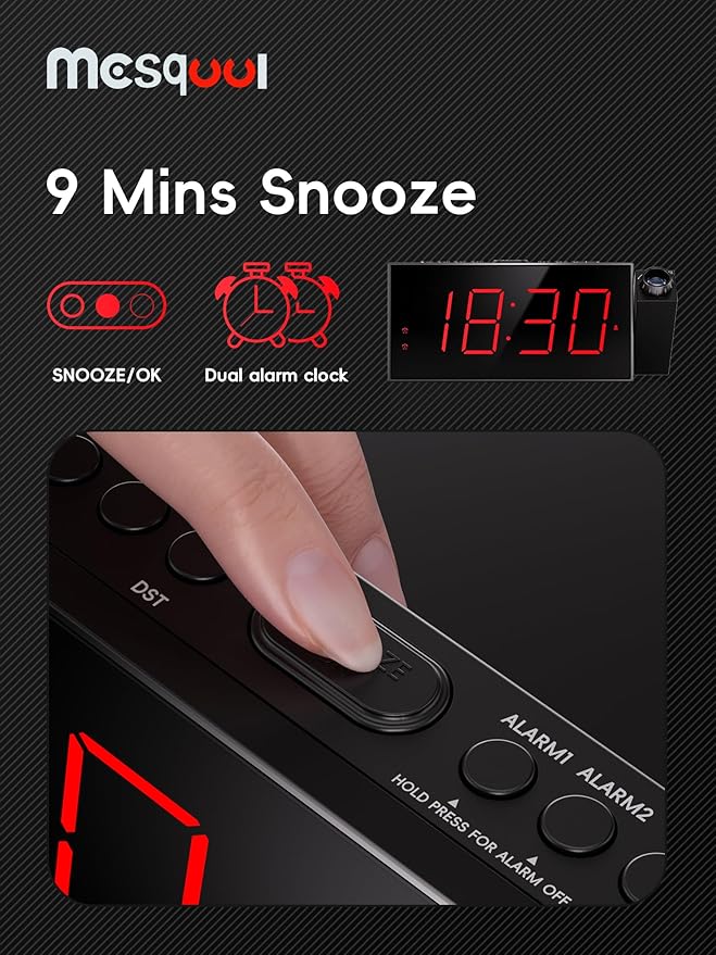 Mesqool Projection Alarm Clock, Loud Vibrating Alarm Clock for Heavy Sleepers, Adjustable Projection Brightness,Hearing Impaired & Deaf People, Digital Alarm Clock with USB Charging Port