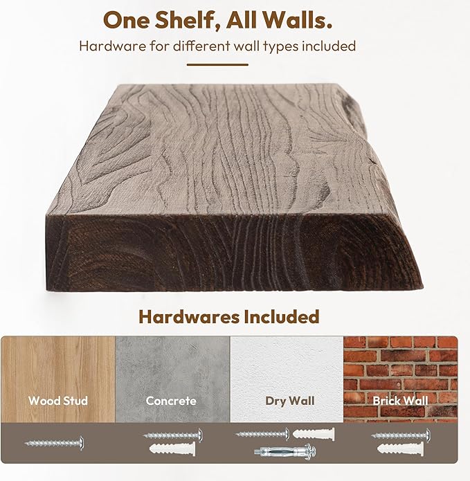 Vivelove Live Edge Floating Shelves 36 inch Long, Elm Wood Wall Display Shelf with Invisible Bracket for Living Room Bedroom Bathroom Office, Rustic Farmhouse, Solid Wood Set of 2 - Dark Walnut