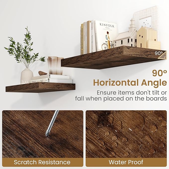 Fun Memories 55 Inch Long Floating Shelves for Wall, 55x9.3 Large Floating Shelf for Bedroom, Kitchen, Bathroom, Wall Mounted Rustic Wood Shelves with Invisible Bracket for Books, Decor, Rustic Brown