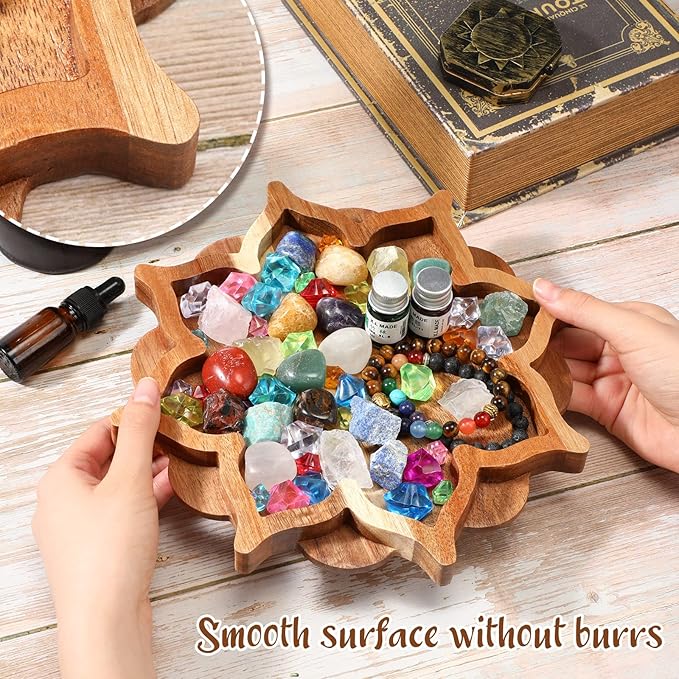 Vesici Lotus Crystal Tray for Stones Crystals and Healing Stones Flower Wooden Crystal Storage Holder Tray Lotus Shape Decorative Jewelry Display Trays Organizer Bowl Decor(Elegant)