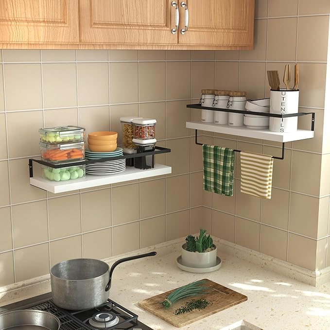 White Wood Floating Shelves Wall Mounted - 2+1 Tier Rustic Bathroom Wall Shelves Over Toilet with Towel Bar, Natural Wood Set of 2 Farmhouse Floating Shelf for Bathroom, Kitchen, Bedroom.