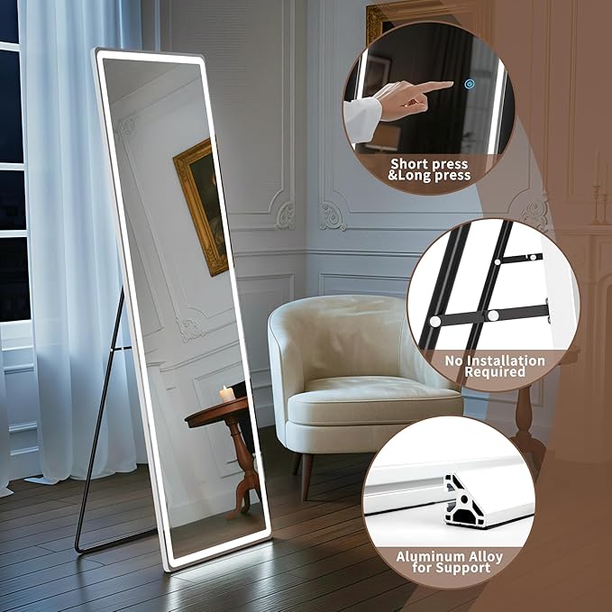 Full Length Mirror with LED Lights, 60"x16"Floor Mirror with Dimming & 3 Color Lighting, Free Standing Floor Mirrors, Lighted Full Body Mirrors for Bedroom, Dressing Room, Cloakroom