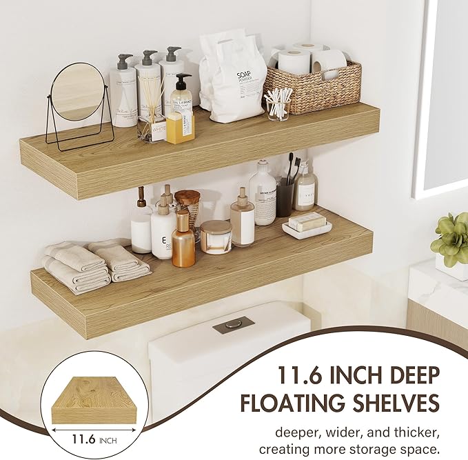 Acovy 55 Inch Floating Shelves, 12" Deep Floating Shelf Wall Mounted, 55" Wall Shelves, Rustic Deep Bookshelf, Extra Deeper & Thicker Display Shelves for Bedroom, Living Room, Oak, Set of 2