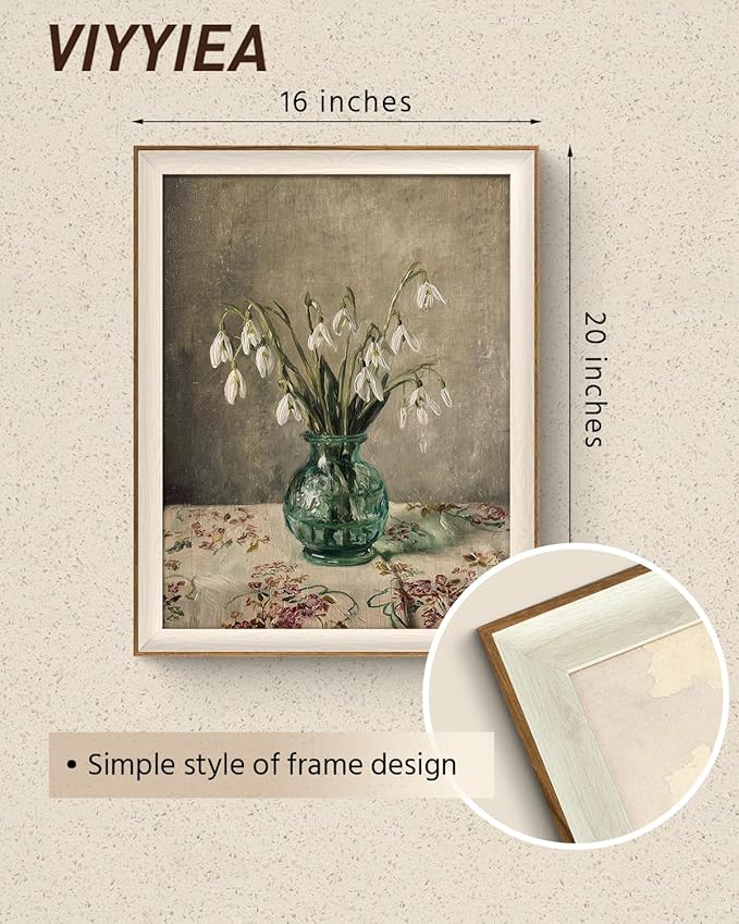 VIYYIEA Framed Wall Art for Living Room, Snowdrop Flowers in Green Glass Vase Canvas Prints, Vintage Floral Still Life Home Decor, Bedroom Wall Decor, Kitchen Aesthetic Art, 16x20 Inch