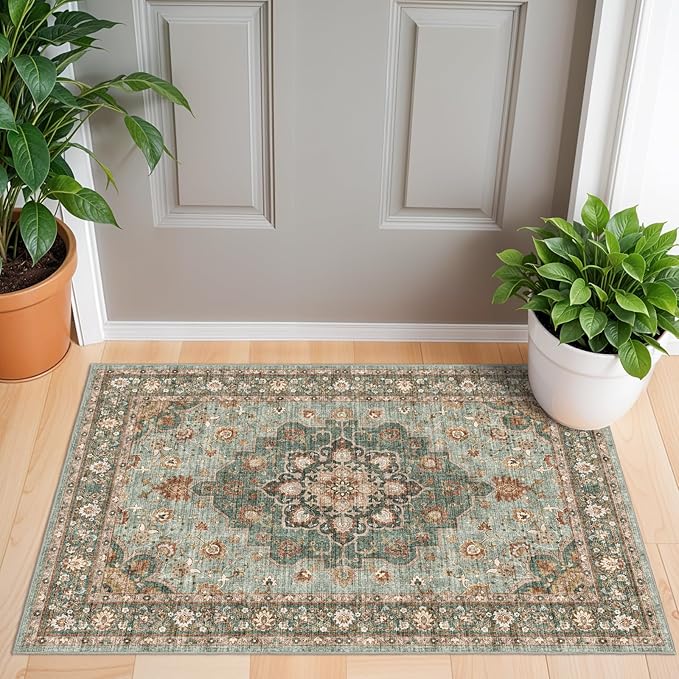 Washable Oriental Area Rug - 2x3 Rugs for Living Room Soft Carpet for Bedroom Waterproof Floral Distressed Indoor Stain Resistant Non-Shedding Floor Carpets (Green, 2x3)