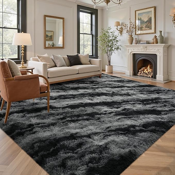 Area Rugs for Living Room 6x9 Feet, Soft Fluffy Shagg Plush Bedroom Rug Non-Slip,Large Carpet for Nursery Kids Dorm Home Decor Zebra Black
