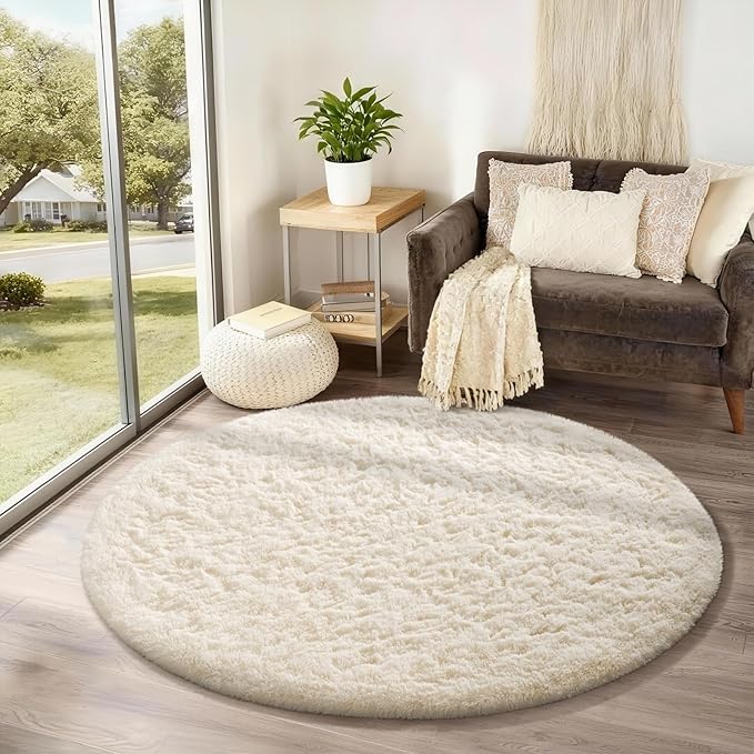 Ophanie Round Rug 4Ft Ivory Circle Area Rugs, Fluffy Fuzzy Small Bedroom Carpet 4 foot, Plush Shag Floor Cream Living Room Christmas Circular Aesthetic Decor for Kids Teen Boys Baby, Nursery,Classroom