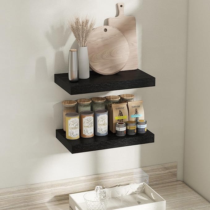 12 Inch Deep Floating Shelves for Wall, 20 x 12 Rustic Wood Grain Bathroom Shelves with Invisible Brackets, Easy Install Wood Storage Shelves for Kitchen, Living Room, Bedroom, Black, Set of 2