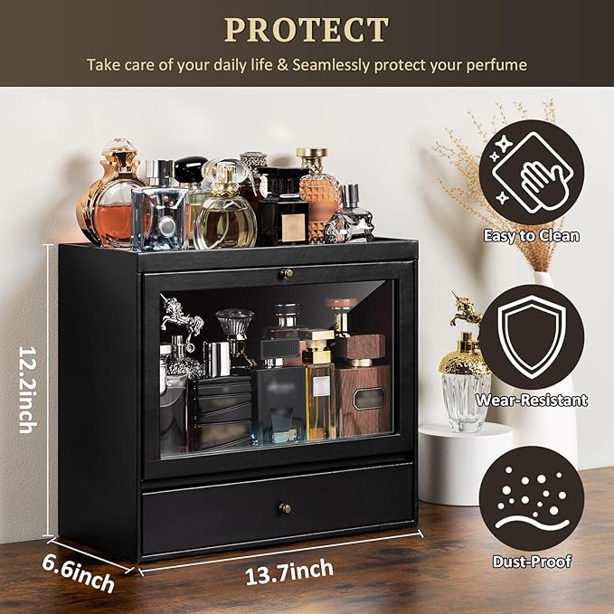 Emfogo Cologne Organizer, Leather Perfumes Organizer for Dresser, Large Capacity Dustproof Cologne Holder with Drawer Storage Perfume Stand Organizer, Ideal Gift for Loved ones