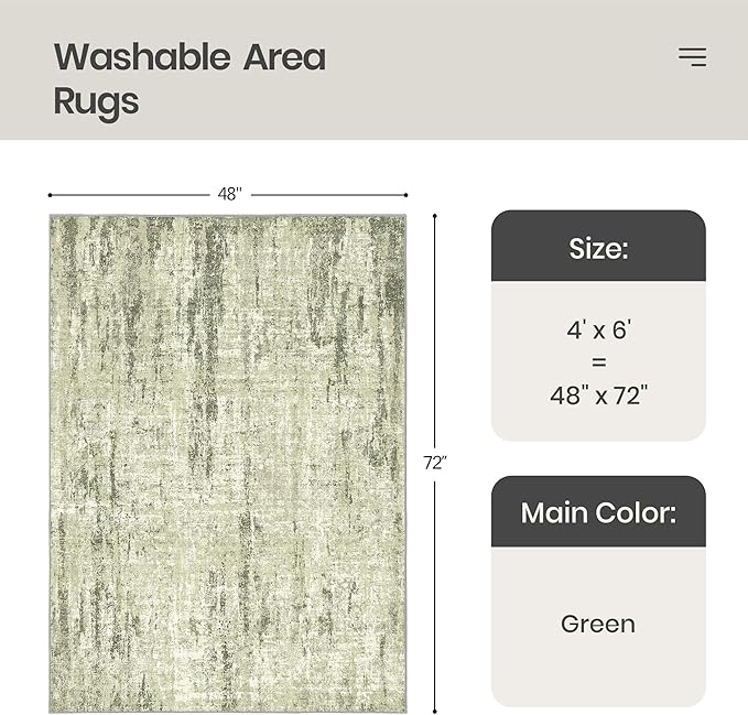 Valenrug Washable Rug 4x6 - Stain Resistant 4x6 Area Rugs for Living Room, Non Slip Backing Printed Rugs for Bedroom, Folable Machine Washable Area Rug(4'x6', Green)