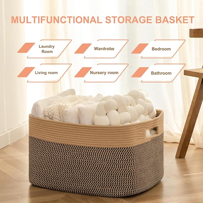 75L Large Cotton Rope Basket, Soft Toy Storage Bin for Nursery & Living Room, Decorative Blanket Basket for Bedroom, Baby-Safe Organizer for Pillows &Laundry, 22''×17''×12'', Brown & Black
