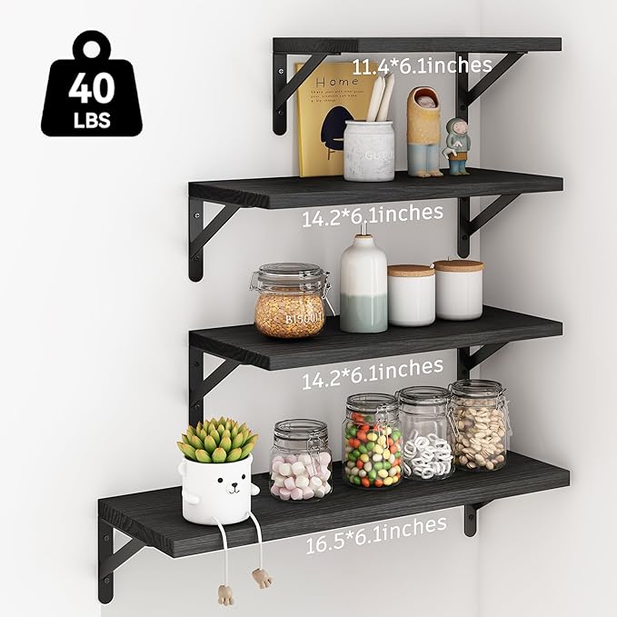 YGEOMER Wall Shelves, Black Wall Floating Shelves Different Sizes for Living Room, Bathroom, Bedroom, Kitchen, Home Decor (Set of 4)