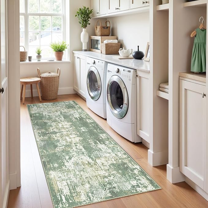 RELEANY Washable Area Rugs 2'x10' Non-Slip Modern Abstract Soft for Living Room Entryway Bedroom Nursery, Print Pattern, Light Green/Yellow