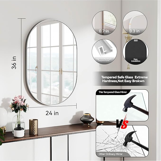 SCWF-GZ 36x24 Mirror Runway Oval Wall Mounted Aluminum Alloy Metal Frame Rectangle Mirrors for Entryway Bedroom Bathroom Living Room 36 24 inch Silver