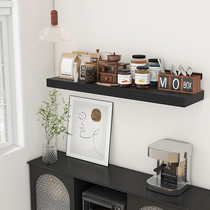 FLYJOE 48 Inch Black Floating Shelf | 12 Inch Deep Floating Shelves Set of 1 | 48" D x 12" D Rustic Wood Shelves for Wall | Deep Black Shelves for Living Room Bathroom Laundry Room Kitchen