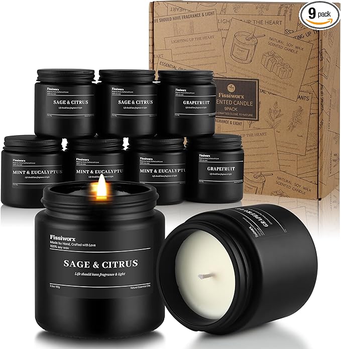 9 Pack Scented Candles Set Gifts for Men, Aromatherapy Candle Set with Scents (Mint & Eucalyptus/Sage & Citrus/Grapefruit) - Gift for Dad, Boyfriend, Birthday, Father’s Day, Anniversary