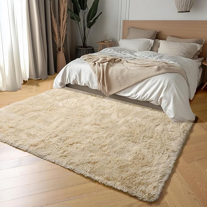 Amdrebio Beige Area Rugs for Bedroom Living Room, 5x8 Fluffy Plush Shag Furry Cute Rug for Kids Room Decor Aesthetic, Soft Shaggy Fuzzy Neutral Tan Carpet for Teens Baby Nursery Playroom Preppy Dorm