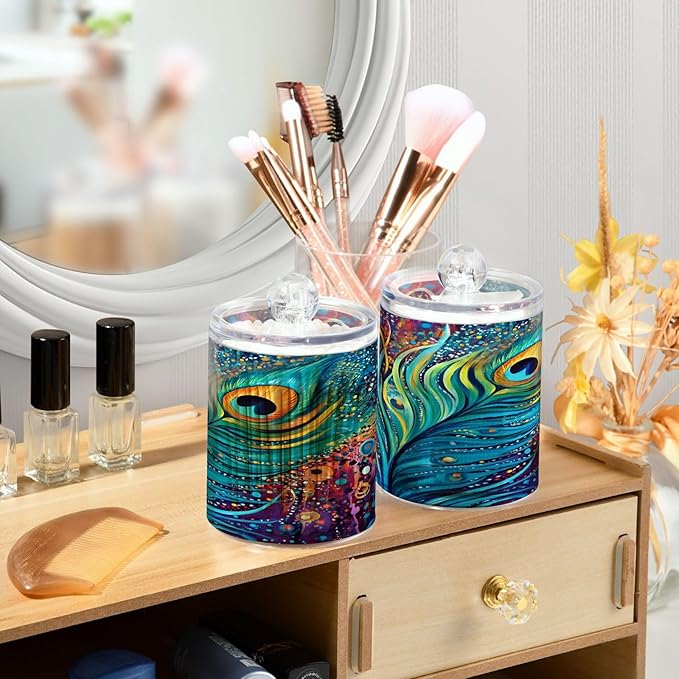 4 Pack Qtip Holder Dispenser Peacock Feathers Rainbow Feathers Blue Cotton Ball Swab Round Pads Floss Clear Bathroom Storage Containers Plastic Apothecary Jars with Lids