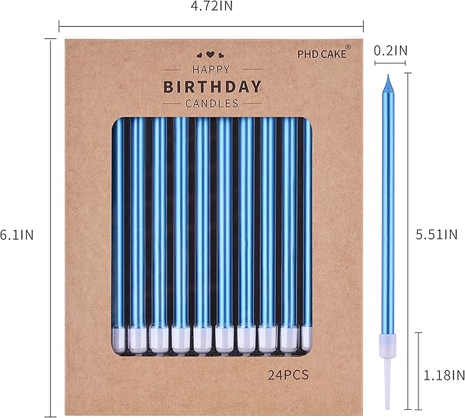PHD CAKE Blue Long Thin Metallic Birthday Candles, Cake Candles, Birthday Parties, Wedding Decorations, Party Candles