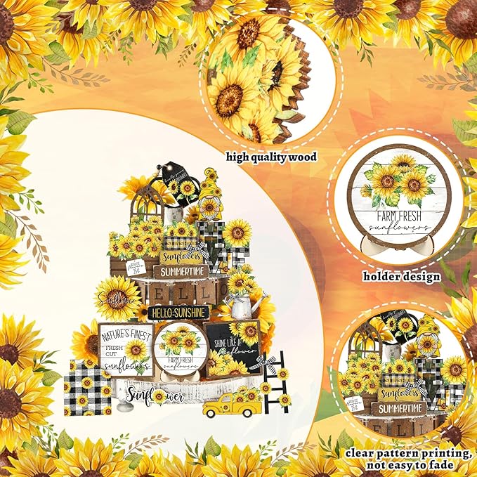 Bucherry 23 Pcs Sunflower Tiered Tray Decor Spring Decorations for Home Farmhouse Decorative Trays Wooden Sign Table Centerpieces for Home Kitchen Shelf supplies (Sunflower)