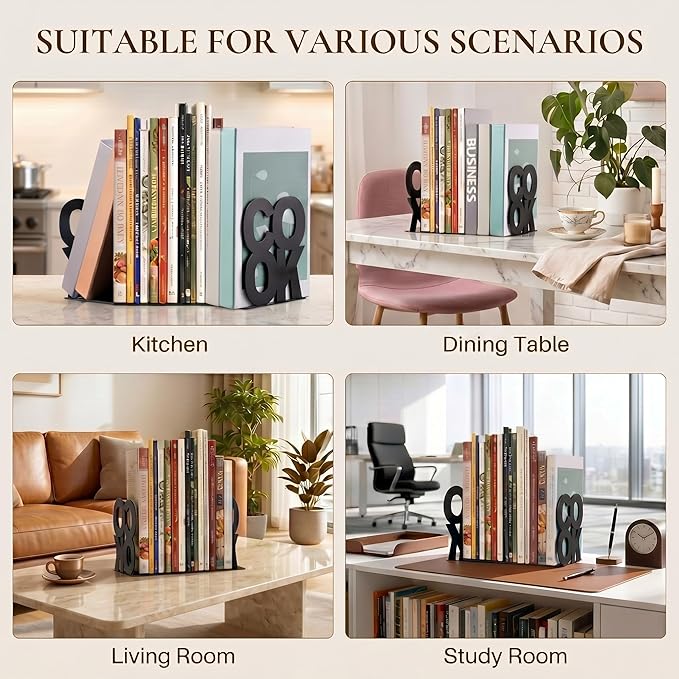 Hotop Cookbook Bookends Kitchen Decorative Metal Supports for Book-Rack Desk Kitchen Book Shelf Holder for Shelves Distinctive Appearance Design Book Ends Metal Supports(Black)